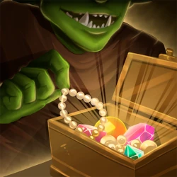 An orc who has opened a treasure chest filled with jewels.